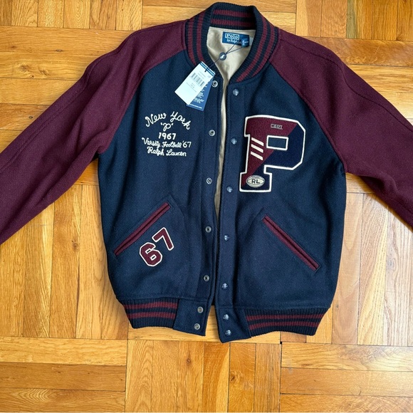 Polo Ralph Lauren Men's Varsity Jacket in Navy and Burgundy - Picture 2 of 10
